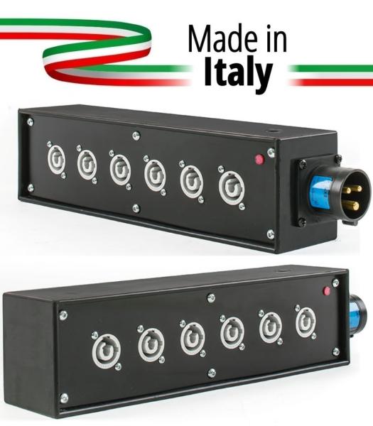 Extreme POWER-BOX NERO CIABATTA ALIMENTAZIONE PALCO POWERCON MADE IN ITALY SPIA RETE INGRESSO 16A 3P USCITE 6 20AMP POWER-OUT GR