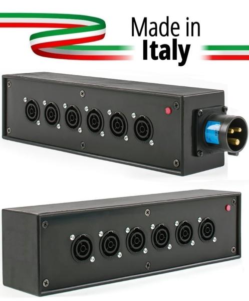 Extreme POWER-BOX NERO CIABATTA ALIMENTAZIONE PALCO POWERCON MADE IN ITALY SPIA RETE INGRESSO 16A 3P USCITE 6 POWERCON TRUE1 16A
