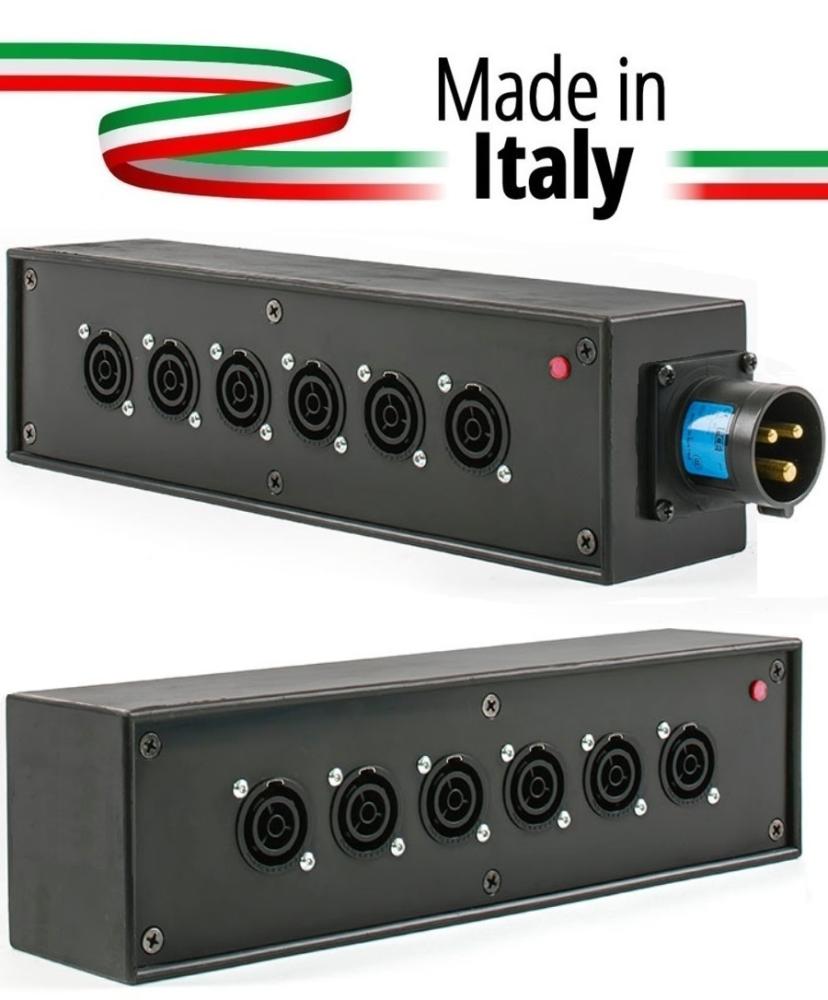 Extreme POWER-BOX NERO CIABATTA ALIMENTAZIONE PALCO POWERCON MADE IN ITALY SPIA RETE INGRESSO 16A 3P USCITE 6 POWERCON TRUE1 16A