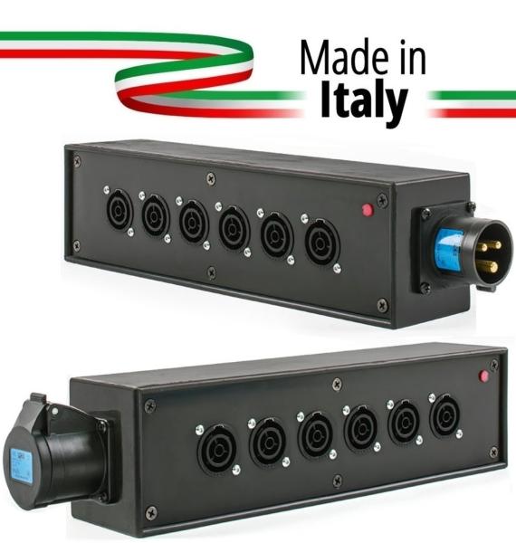 Extreme POWER-BOX NERO CIABATTA ALIMENTAZIONE PALCO POWERCON MADE IN ITALY SPIA RETE INGRESSO 16A 3P USCITE 6 POWERCON TRUE1 16A