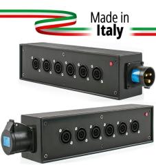 Extreme POWER-BOX NERO CIABATTA ALIMENTAZIONE PALCO POWERCON MADE IN ITALY SPIA RETE INGRESSO 16A 3P USCITE 6 POWERCON TRUE1 16A