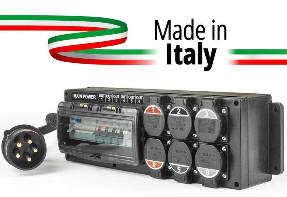 Extreme POWER-BOX SPINA 32A 5P 3P+N+T IN MASCHIO 6 USCITE PRESA SCHUKO 16A 3P IP54 â€“ DOPPIA PROTEZIONE RCCB 40A + 6 MCB