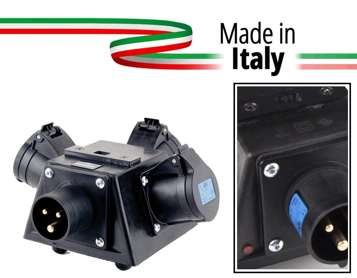 Extreme POWER-BOX NERO SPLITTER PALCO/TRUSS CIABATTA ALIMENTAZIONE MADE IN ITALY SPIA RETE INGRESSO SPINA 16A 3P USCITE 3 PRESE 
