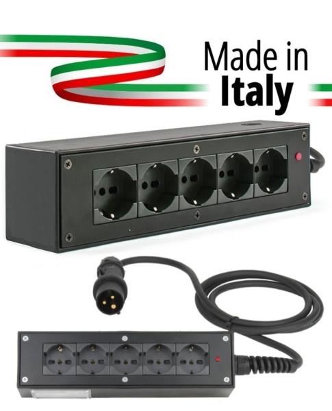 Extreme POWER-BOX NERO CIABATTA ALIMENTAZIONE PALCO MADE IN ITALY SPIA RETE INGRESSO SPINA VOLANTE 16A 3P+N+T USCITE 5 X SCHUKO 