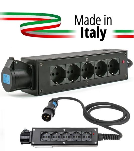 Extreme POWER-BOX NERO CIABATTA ALIMENTAZIONE PALCO MADE IN ITALY SPIA RETE INGRESSO SPINA VOLANTE 16A 3P 5-USCITE SHUKO E PRESA