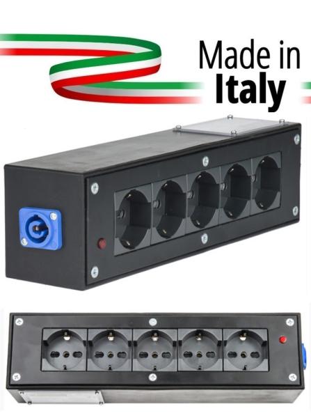 Extreme POWER-BOX NERO CIABATTA ALIMENTAZIONE PALCO MADE IN ITALY SPIA RETE INGRESSO POWERCON BLU 20A 3P POWER-IN USCITE 5 SCHUK