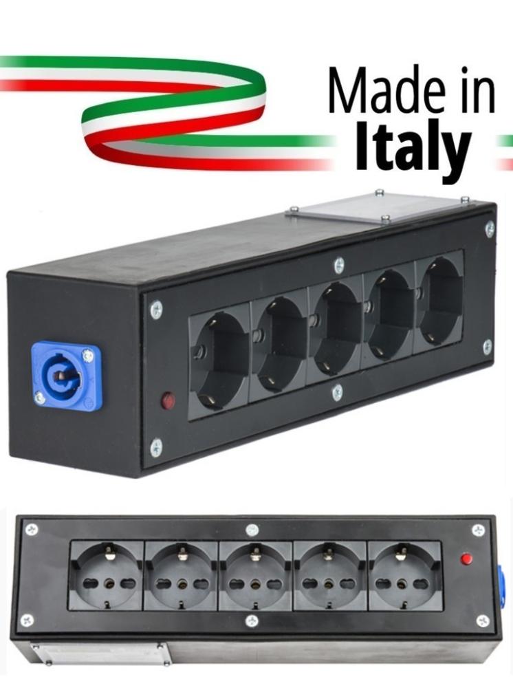 Extreme POWER-BOX NERO CIABATTA ALIMENTAZIONE PALCO MADE IN ITALY SPIA RETE INGRESSO POWERCON BLU 20A 3P POWER-IN USCITE 5 SCHUK