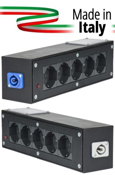Extreme POWER-BOX NERO CIABATTA ALIMENTAZIONE PALCO MADE IN ITALY SPIA RETE INGRESSO POWERCON BLU 20A 3P POWER-IN USCITE 5 SCHUK