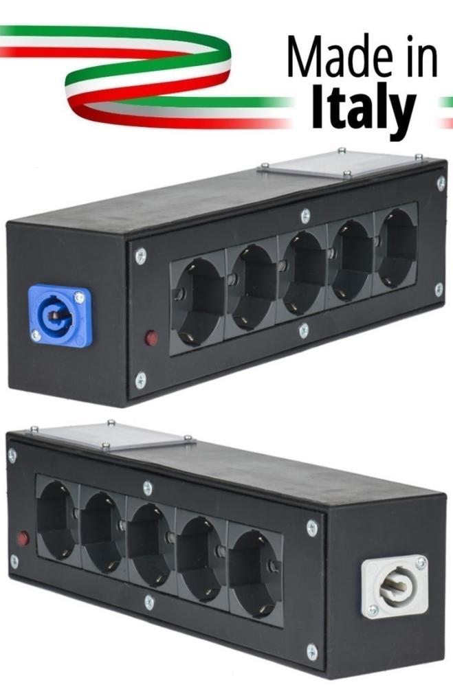 Extreme POWER-BOX NERO CIABATTA ALIMENTAZIONE PALCO MADE IN ITALY SPIA RETE INGRESSO POWERCON BLU 20A 3P POWER-IN USCITE 5 SCHUK