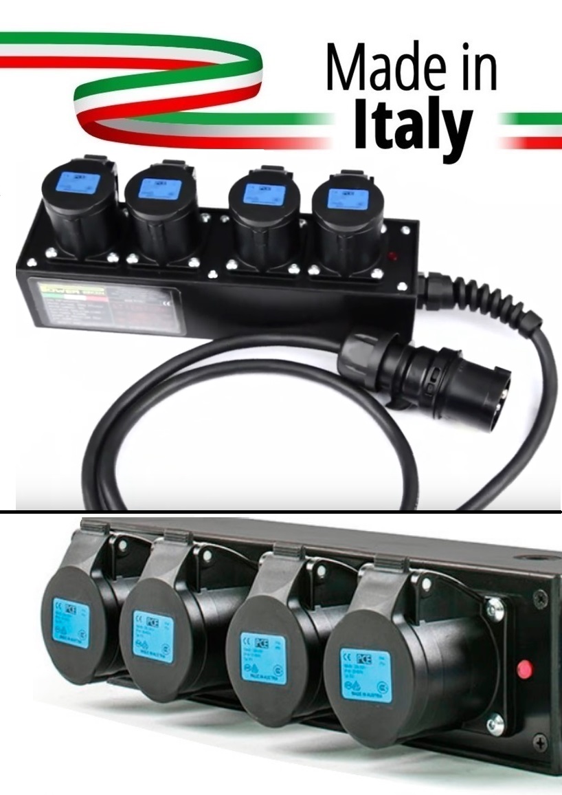 Extreme POWER-BOX NERO CIABATTA ALIMENTAZIONE PALCO MADE IN ITALY SPIA RETE INGRESSO SPINA VOLANTE 16A 3P+N+T USCITE 4 X 16A