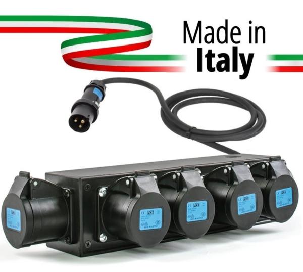 Extreme POWER-BOX NERO CIABATTA ALIMENTAZIONE PALCO MADE IN ITALY SPIA RETE INGRESSO SPINA VOLANTE 16A 3P USCITE 5 PRESE 16A 3P+
