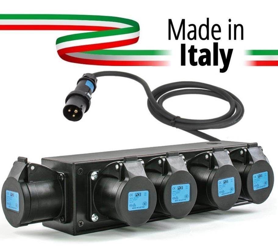 Extreme POWER-BOX NERO CIABATTA ALIMENTAZIONE PALCO MADE IN ITALY SPIA RETE INGRESSO SPINA VOLANTE 16A 3P USCITE 5 PRESE 16A 3P+