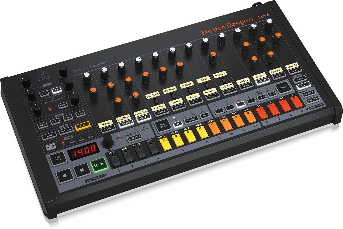 Behringer  RD-8 (RD-808) RYTHYM DESIGNER SINTETIZZATORE DRUM MACHINE 16 PAD CON INDICATORI LED MIDI â€“ USB