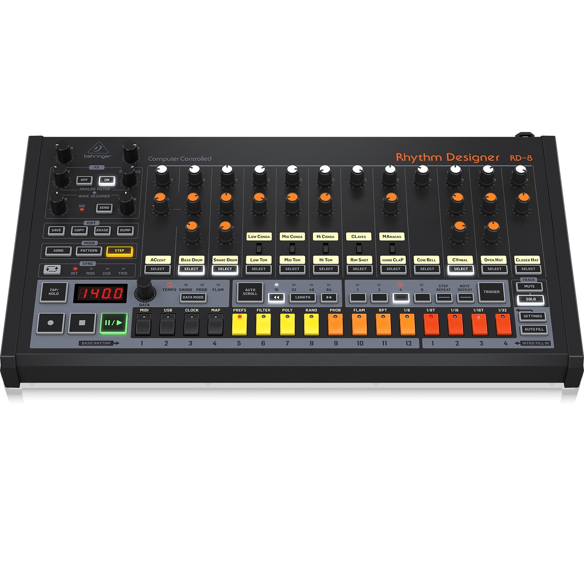 Behringer  RD-8 (RD-808) RYTHYM DESIGNER SINTETIZZATORE DRUM MACHINE 16 PAD CON INDICATORI LED MIDI â€“ USB