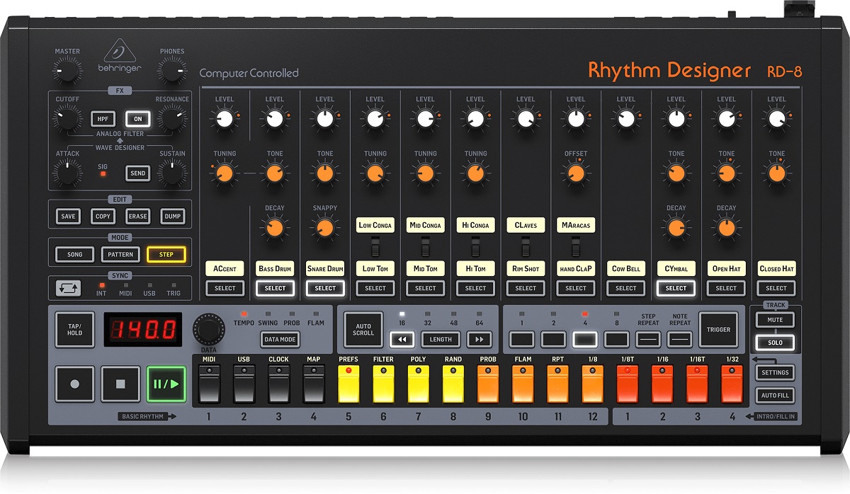 Behringer  RD-8 (RD-808) RYTHYM DESIGNER SINTETIZZATORE DRUM MACHINE 16 PAD CON INDICATORI LED MIDI â€“ USB