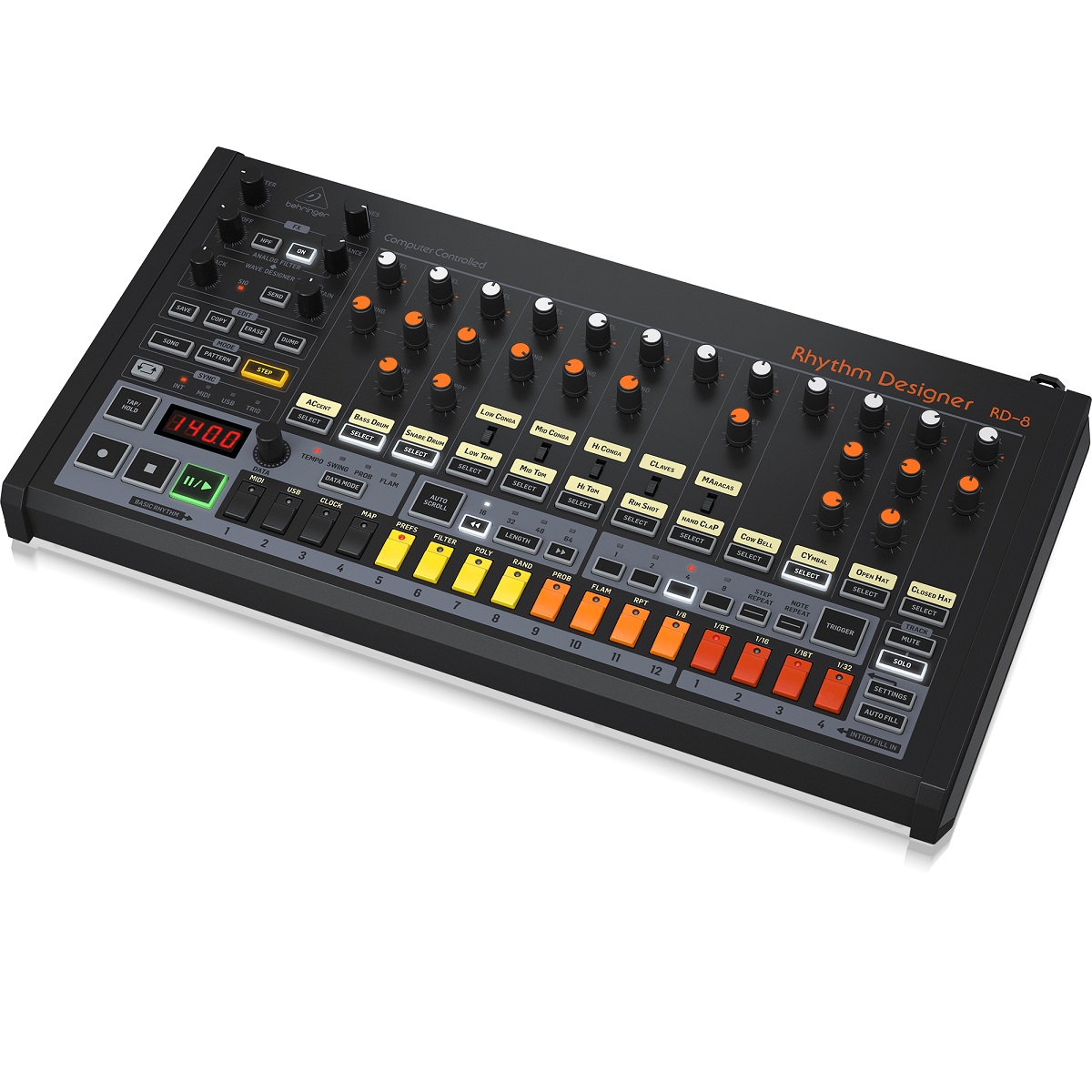 Behringer  RD-8 (RD-808) RYTHYM DESIGNER SINTETIZZATORE DRUM MACHINE 16 PAD CON INDICATORI LED MIDI â€“ USB