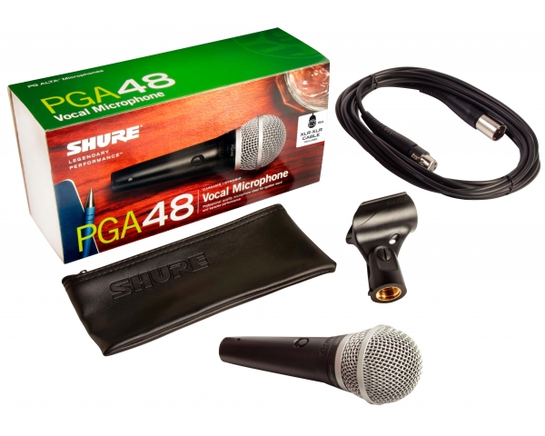 SHURE PGA48XLRE MICROFONO DINAMICO CARDIOIDE VOCE + CUSTODIA + PINZA A25D + CAVO XLR 4,6 M 