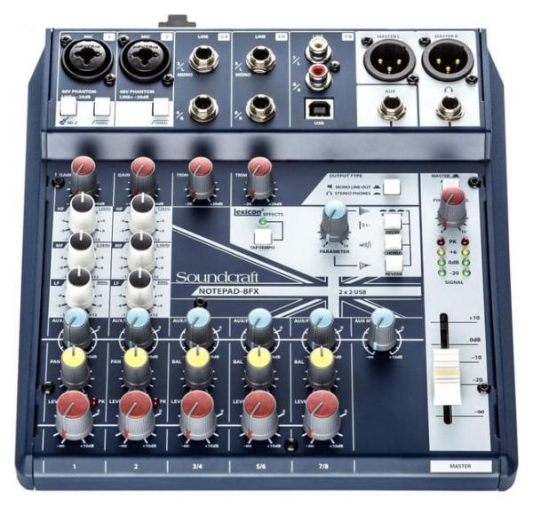 SOUNDCRAFT NOTEPAD-8FX MIXER 8 CANALI USB EFFETTI LEXICON PHANTOM POWER +48V 2 MIC INPUT