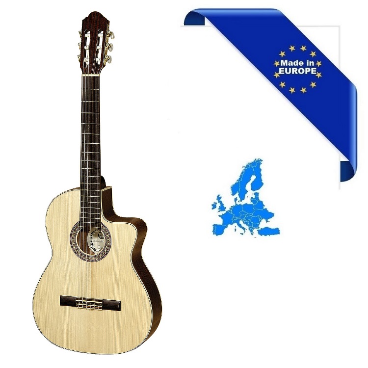 HORA CHITARRA CLASSICA 4-4 SM35 MADE IN EUROPE TOP ABETE ROSSO MASSELLO FONDO-FASCE MOGANO ROSETTA INTARSIATA SPALLA MANCANTE MA