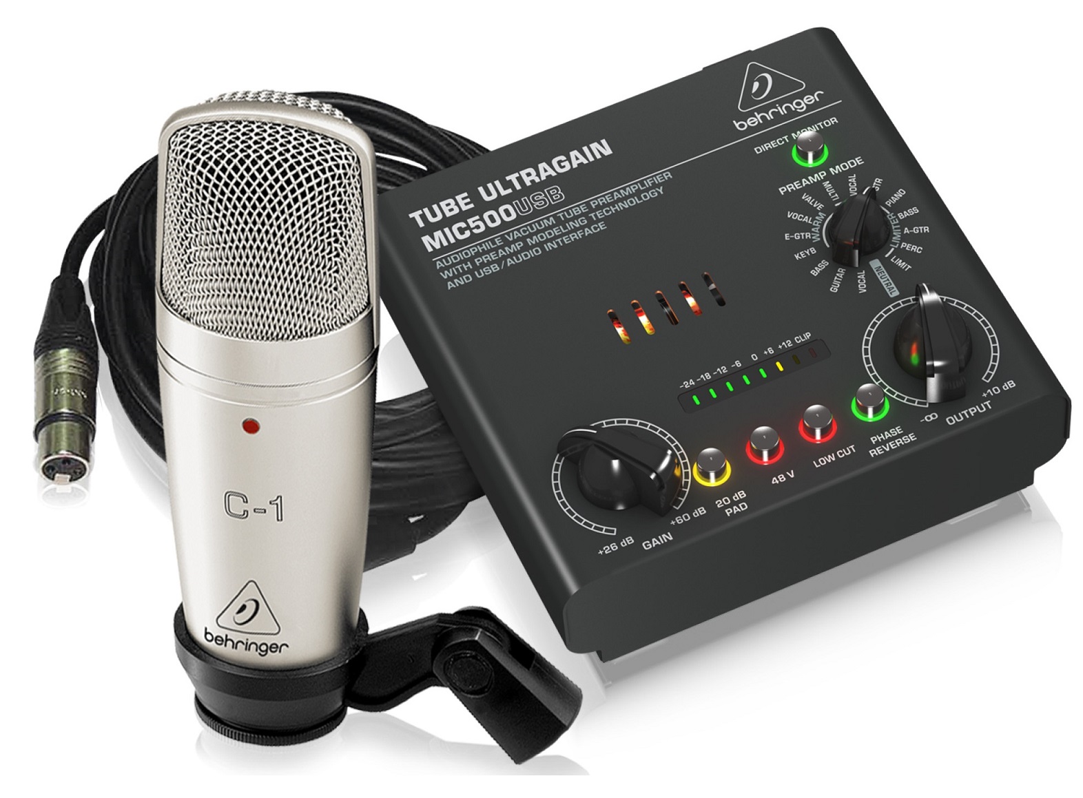 BEHRINGER VOICE STUDIO BUNDLE C1 MICROFONO STUDIO + CLAMP + CAVO + PREAMP 16 PRESET E INTERFACCIA AUDIO USB