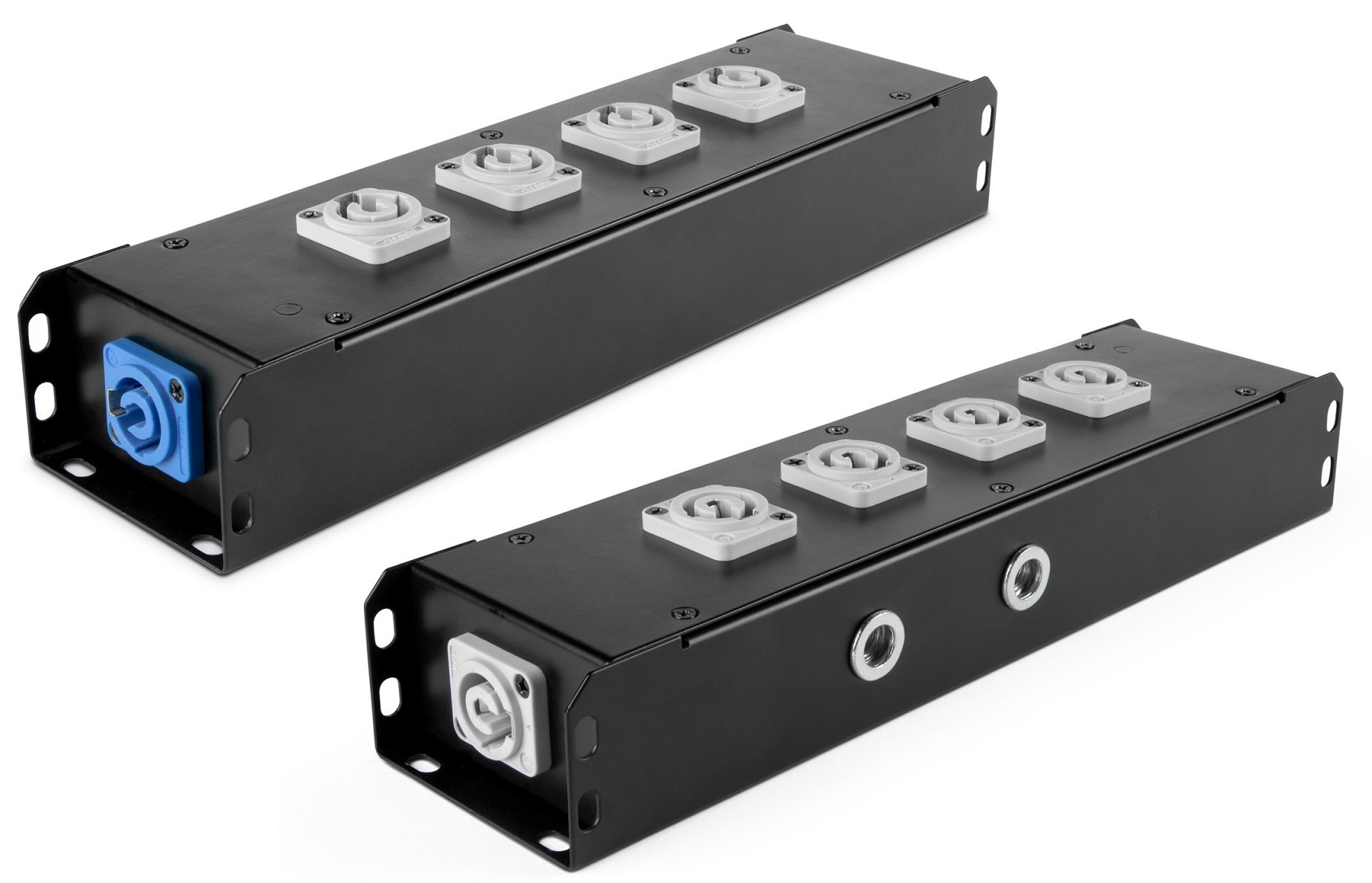 ADAM HALL POWER-BOX NERO CIABATTA ALIMENTAZIONE PALCO POWERCON INGRESSO POWER TWIST IN BLU USCITE 4 20AMP POWER TWIST OUT GRIGIO