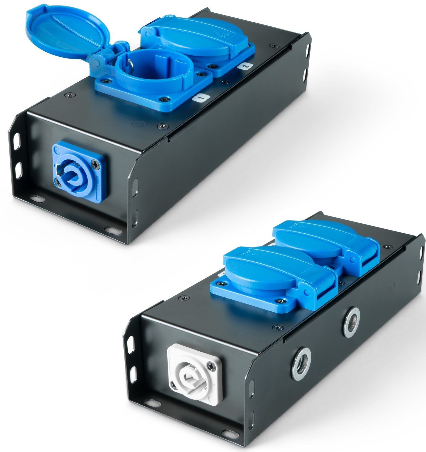 ADAM HALL POWER-BOX NERO CIABATTA ALIMENTAZIONE PALCO POWERCON INGRESSO POWER TWIST IN BLU USCITE 2 SCHUKO OUT LOOP 20A POWER-OU