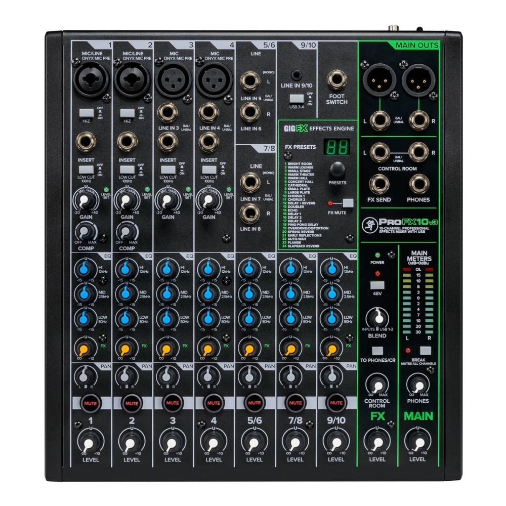 MACKIE PROFX10 V3 MIXER 4 INGRESSI MICROFONICI + 3 STEREO CON EQ 3 BANDE 2 COMPRESSORI E CONNETTIVITA' USB