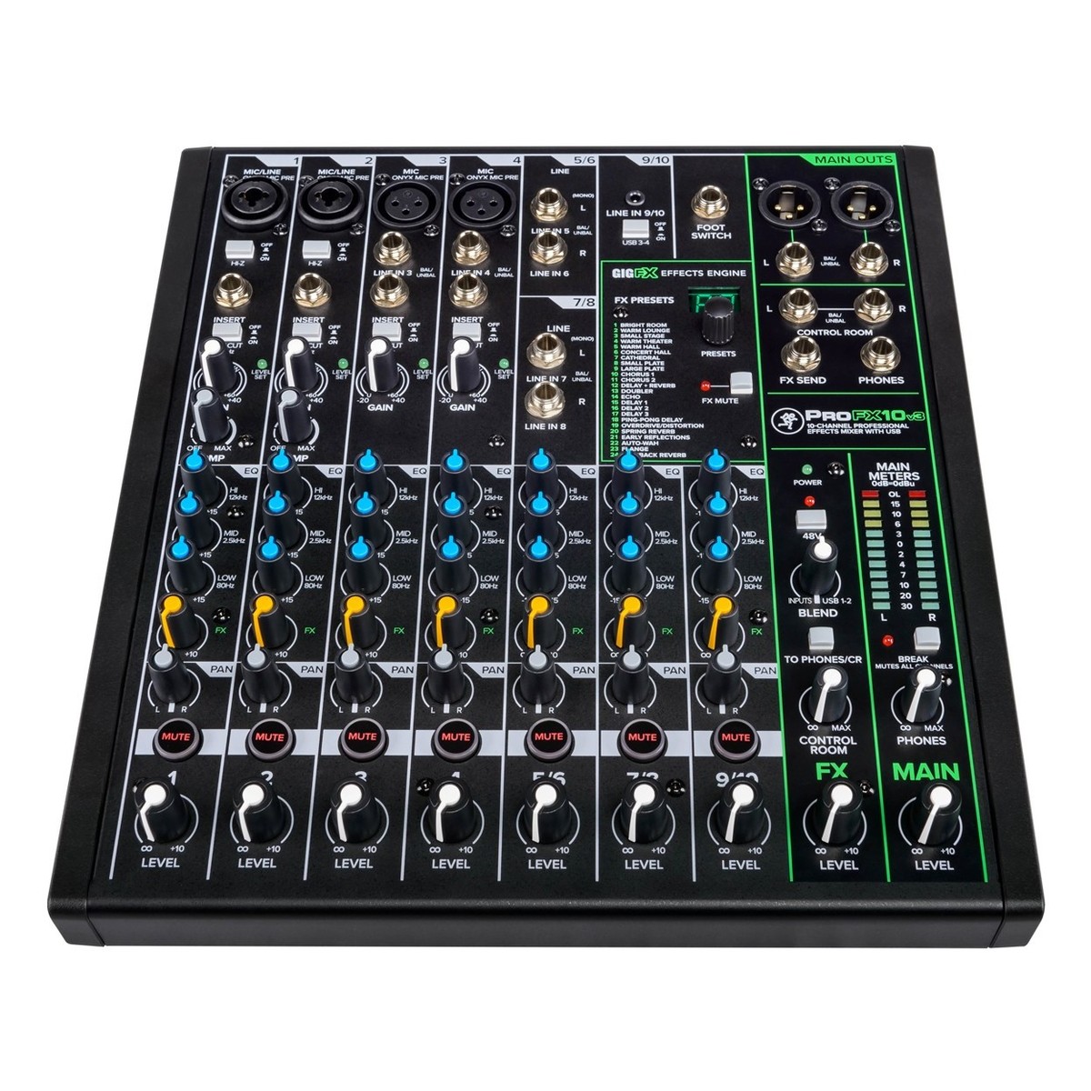 MACKIE PROFX10 V3 MIXER 4 INGRESSI MICROFONICI + 3 STEREO CON EQ 3 BANDE 2 COMPRESSORI E CONNETTIVITA' USB
