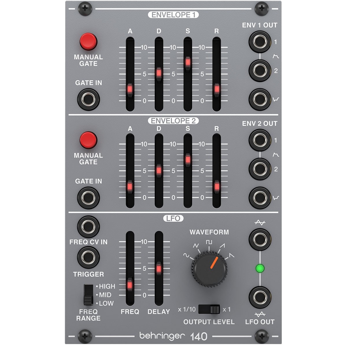 BEHRINGER  140 DUAL ENVELOPE - LFO MODULO EURORACK ANALOGICO SYSTEM 100 2 ADSR 5 ONDE 2 LFO 15 CONTROLLI