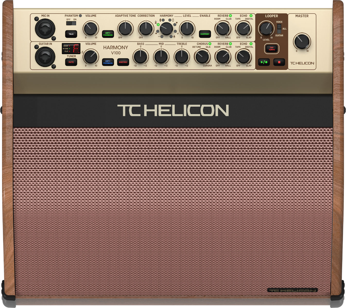 TC HELICON HARMONY V100 AMPLIFICATORE PER CHITARRA ACUSTICA 2 CANALI 100 WATT CON PROCESSORE VOCALE ED EFFETTI
