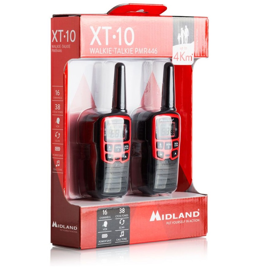 MIDLAND XT10 COPPIA WALKIE TALKIE PORTATA 4 KM 16 CANALI 38 TONI VOX CALL SCAN