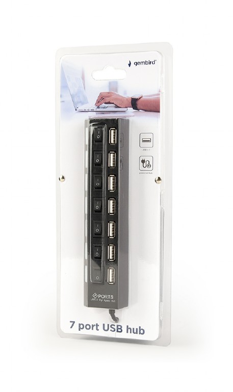 GEMBIRD UHB-U2P7-03 HUB USB 7 PORTE CON SWITCH ON-OFF PER OGNI USCITA + ALIMENTATORE ESTERNO