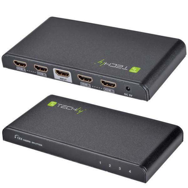 TECHLY SPLITTER HDMI 4K UHD 3D 4 VIE IN METALLO CON ALIMENTATORE