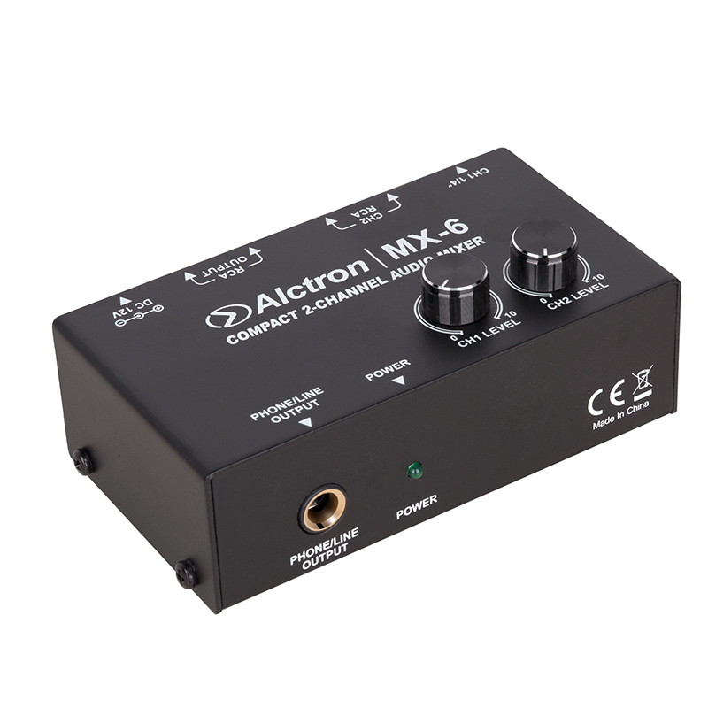ALCTRON MX-6 MIXER 2 CANALI COMPATTO CON INGRESI STEREO RCA E JACK 6,35MM USCITA RCA