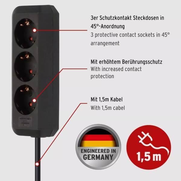 BRENNENSTUHL ECO-L 3 WAY SPLIT BK CIABATTA MULTIPRESA 3 PRESE SCHUKO CAVO 1,5M H05VV-F 3G1,5