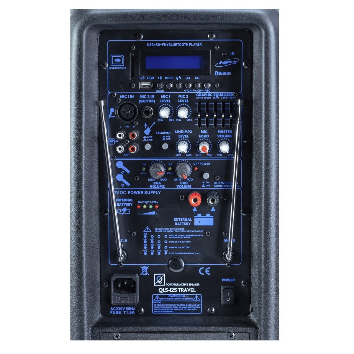 OQAN QLS-12S TRAVEL CASSA ATTIVA A BATTERIA 12" 300W 2 MICROFONI WIRELESS BLUETOOTH USB SD MP3