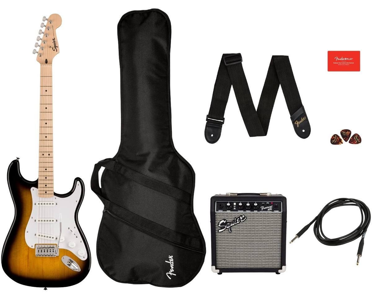 FENDER SQUIER SONIC STRATOCASTER SSS SUNBURST PACK CON CHITARRA ELETTRICA AMPLIFICATORE BORSA ED ACCESSORI