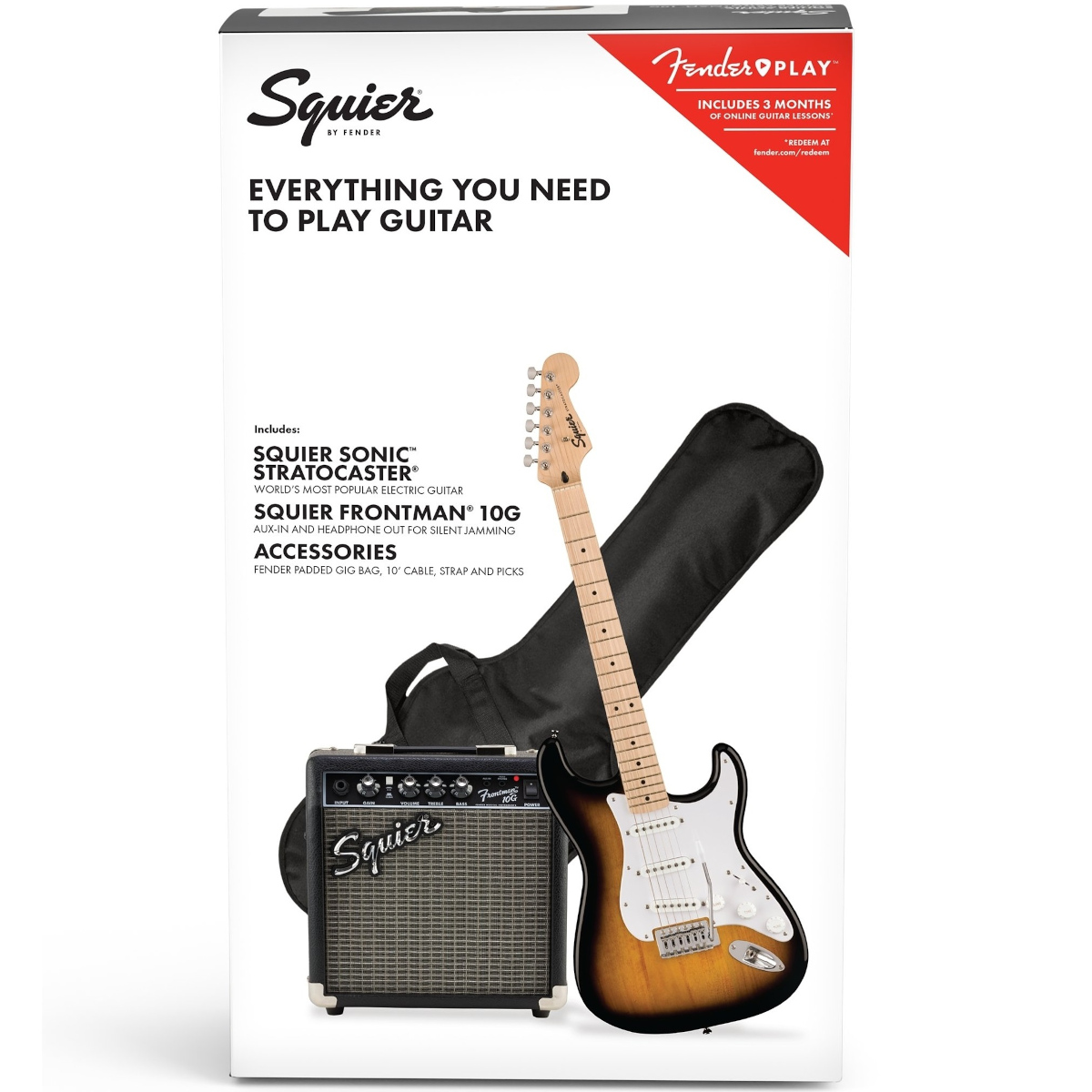 FENDER SQUIER SONIC STRATOCASTER SSS SUNBURST PACK CON CHITARRA ELETTRICA AMPLIFICATORE BORSA ED ACCESSORI