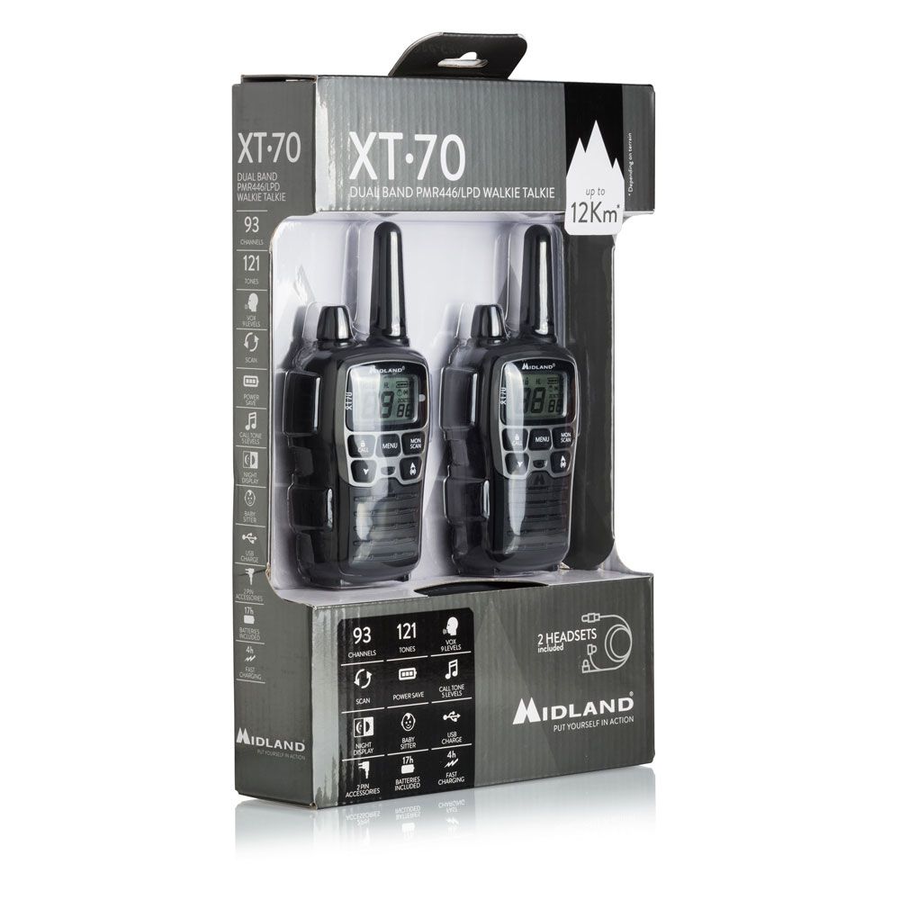 MIDLAND XT70 DOPPIO WALKIE TALKIE RICARICABILE USB CON CARICABATTERIE E AURICOLARI