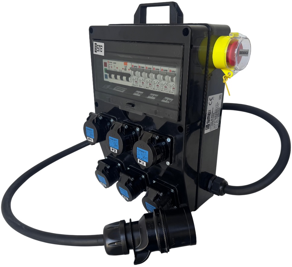 EXTREME QUADRO CORRENTE POWERBOX SPINA 32A TRIFASE 6 PRESE CEE 16A MONOFASE 3 SPIE DI RETE PULSANTE SICUREZZA