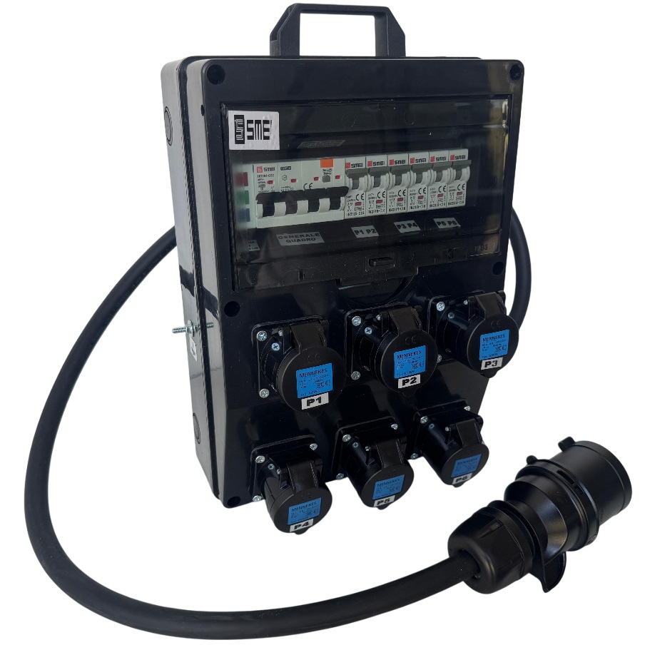 EXTREME QUADRO CORRENTE POWERBOX SPINA 32A TRIFASE 6 PRESE CEE 16A MONOFASE 3 SPIE DI RETE PULSANTE SICUREZZA