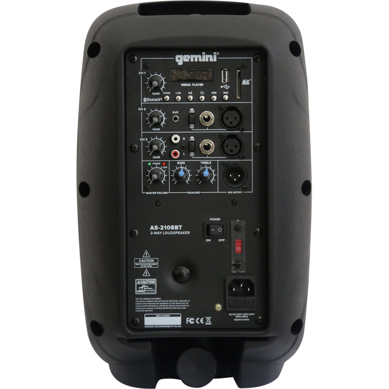 GEMINI AS2108 BT CASSA ATTIVA 2 VIE 500W PICCO WOOFER 8" 2 CANALI CON LETTORE MP3 BLUETOOTH USB SD