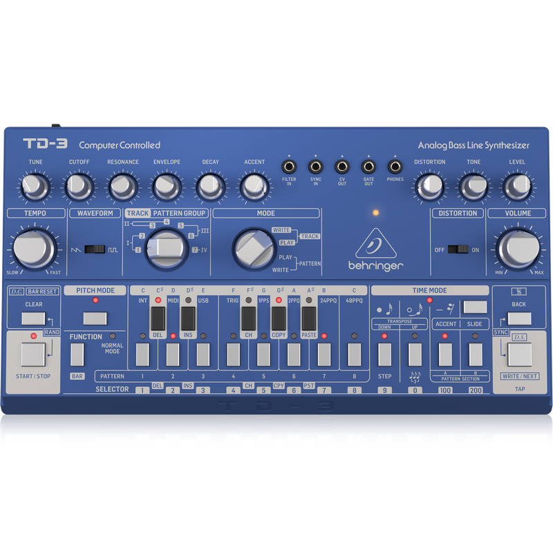 BEHRINGER TD-3 BU BLUE SINTETIZZATORE ANALOGICO DI BASSI CON STEP SEQUENCER ARPEGGIATORE E FILTRO RISONANTE EX-DEMO