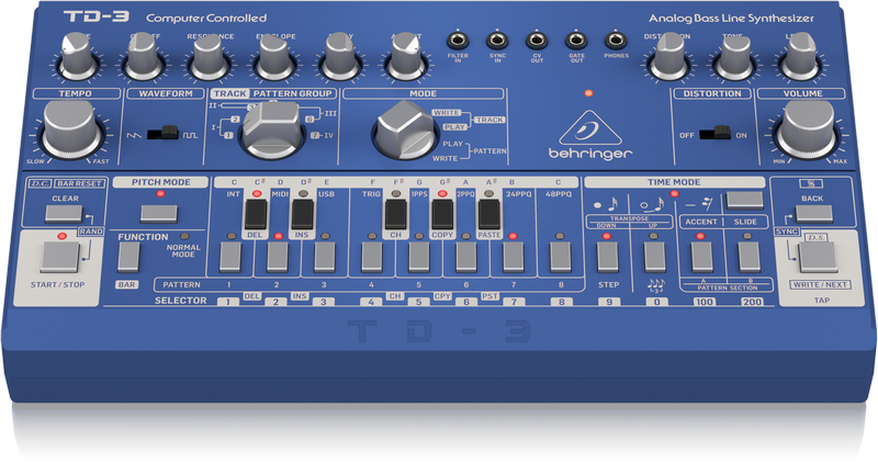BEHRINGER TD-3 BU BLUE SINTETIZZATORE ANALOGICO DI BASSI CON STEP SEQUENCER ARPEGGIATORE E FILTRO RISONANTE EX-DEMO