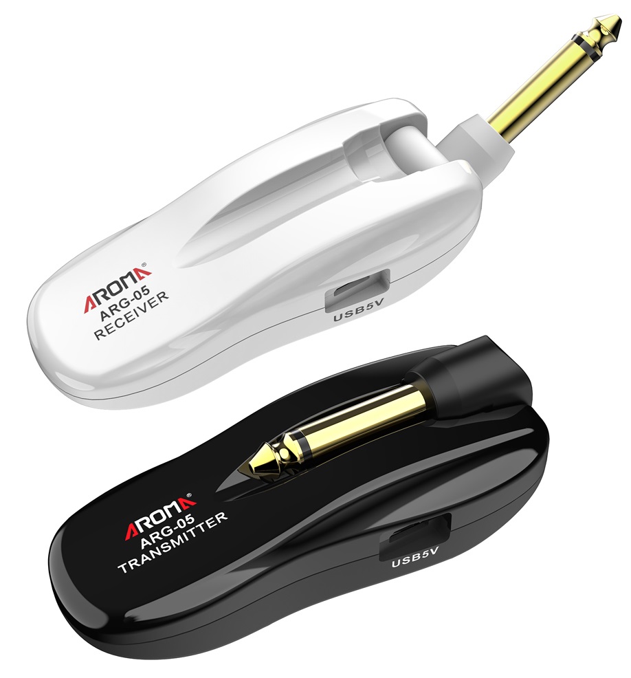 AROMA ARG-05 TRASMETTITORE-RICEVITORE SISTEMA RADIO WIRELESS PER CHITARRA 5 8GHZ RICARICABILE USB JACK REGOLABILE