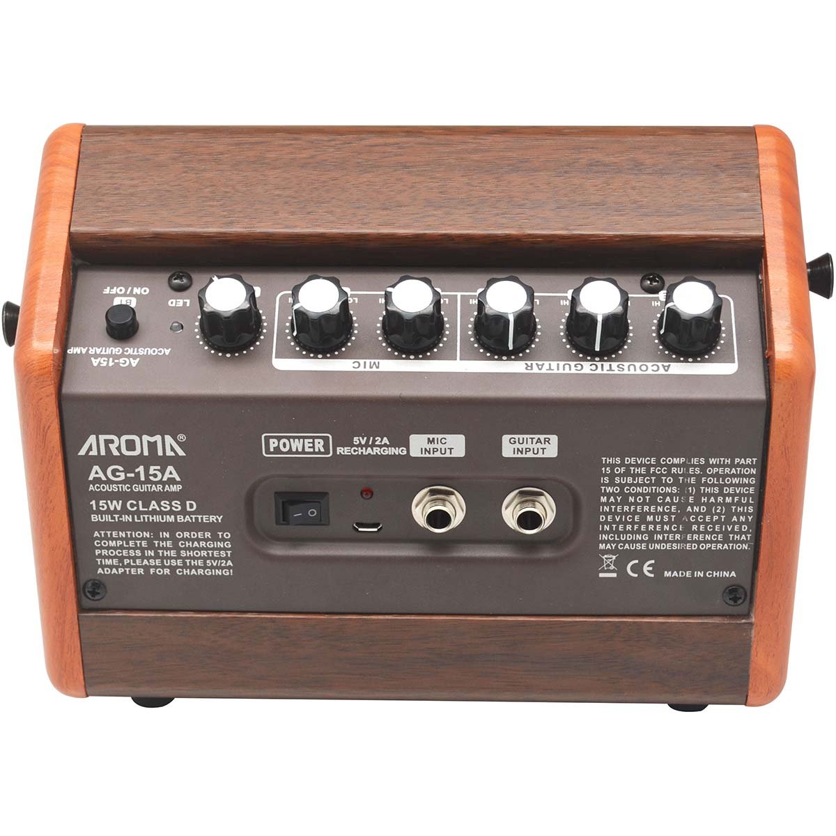 AROMA AG-15A AMPLIFICATORE 15 WATT 5" PER CHITARRA ACUSTICA CON INGRESSO MICROFONO BATTERIA RICARICABILE INTEGRATA ED EFFETTO EC