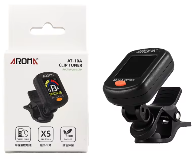 AROMA AT10A ACCORDATORE CROMATICO A PINZA RICARICABILE PER CHITARRA BASSO UKULELE E VIOLINO COLORE NERO
