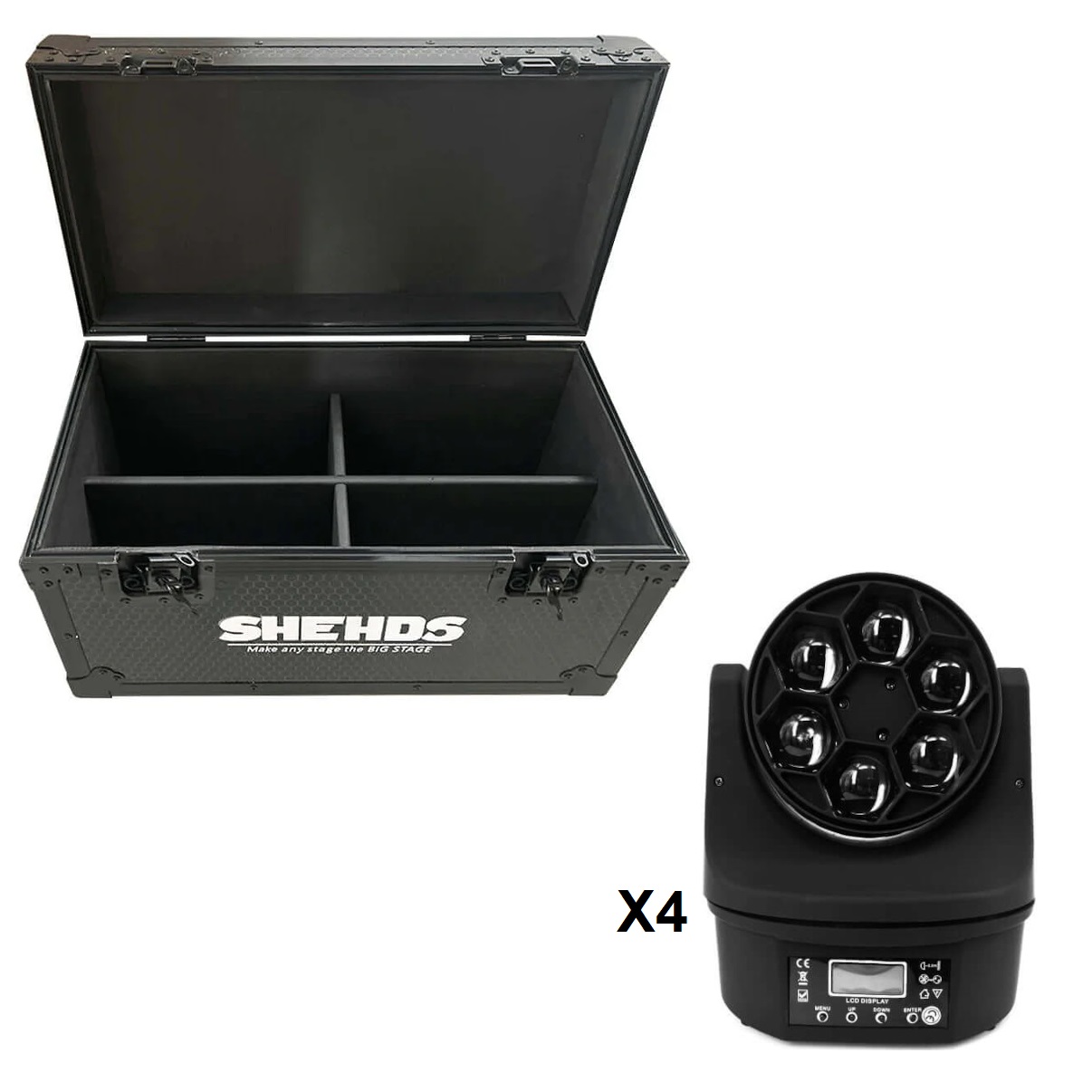 SHEHDS LED BEE EYE 615 BUNDLE 4 TESTE MOBILI EFFETTO LUCE BEAM E WASH RGBW 6 X 15 WATT DMX + CASE