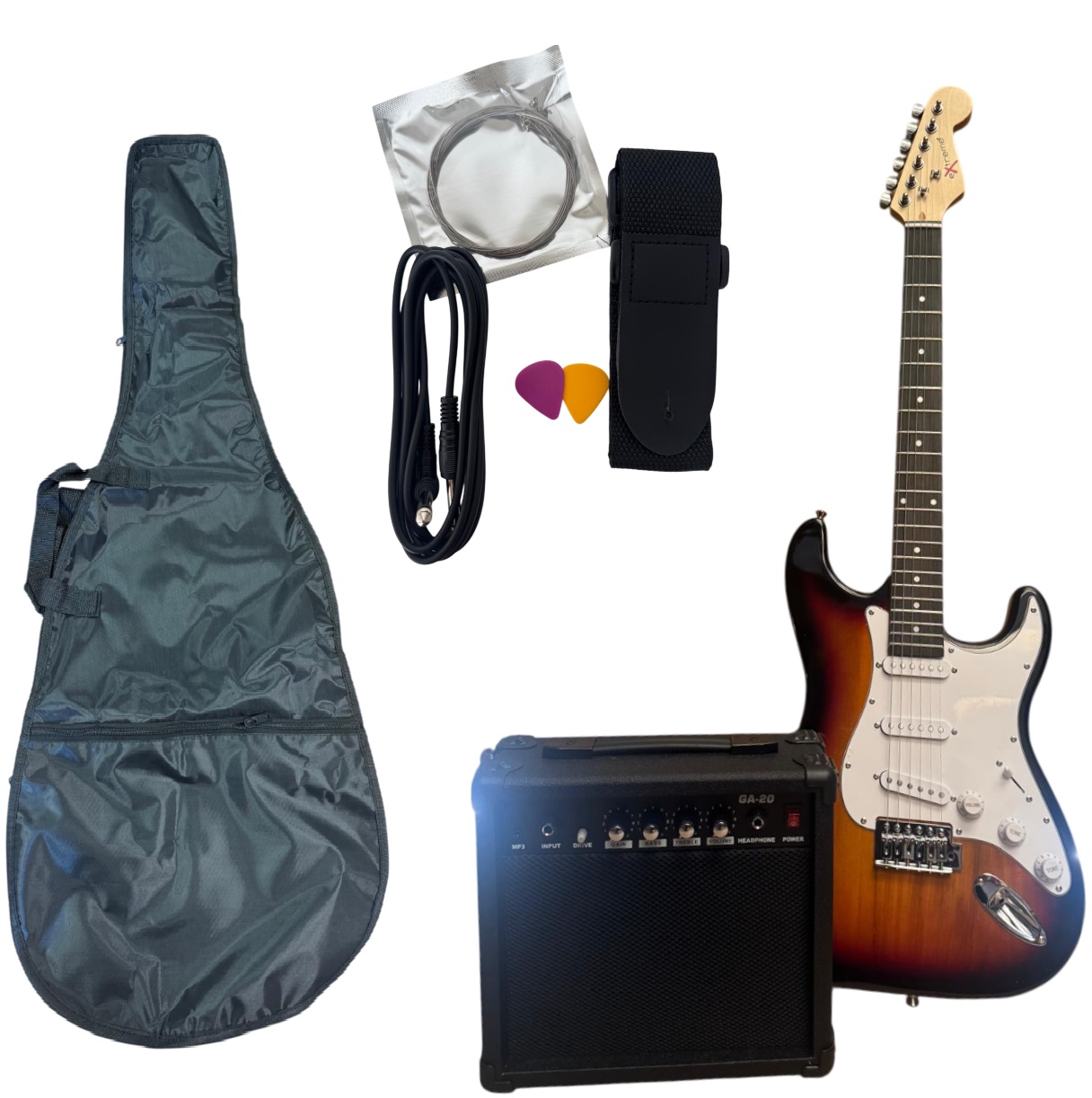 EXTREME EG-ST1 SUNBURST GUITAR PACK CHITARRA + AMPLIFICATORE + CAVO + CUSTODIA + CINTA + PLETTRI + CORDE