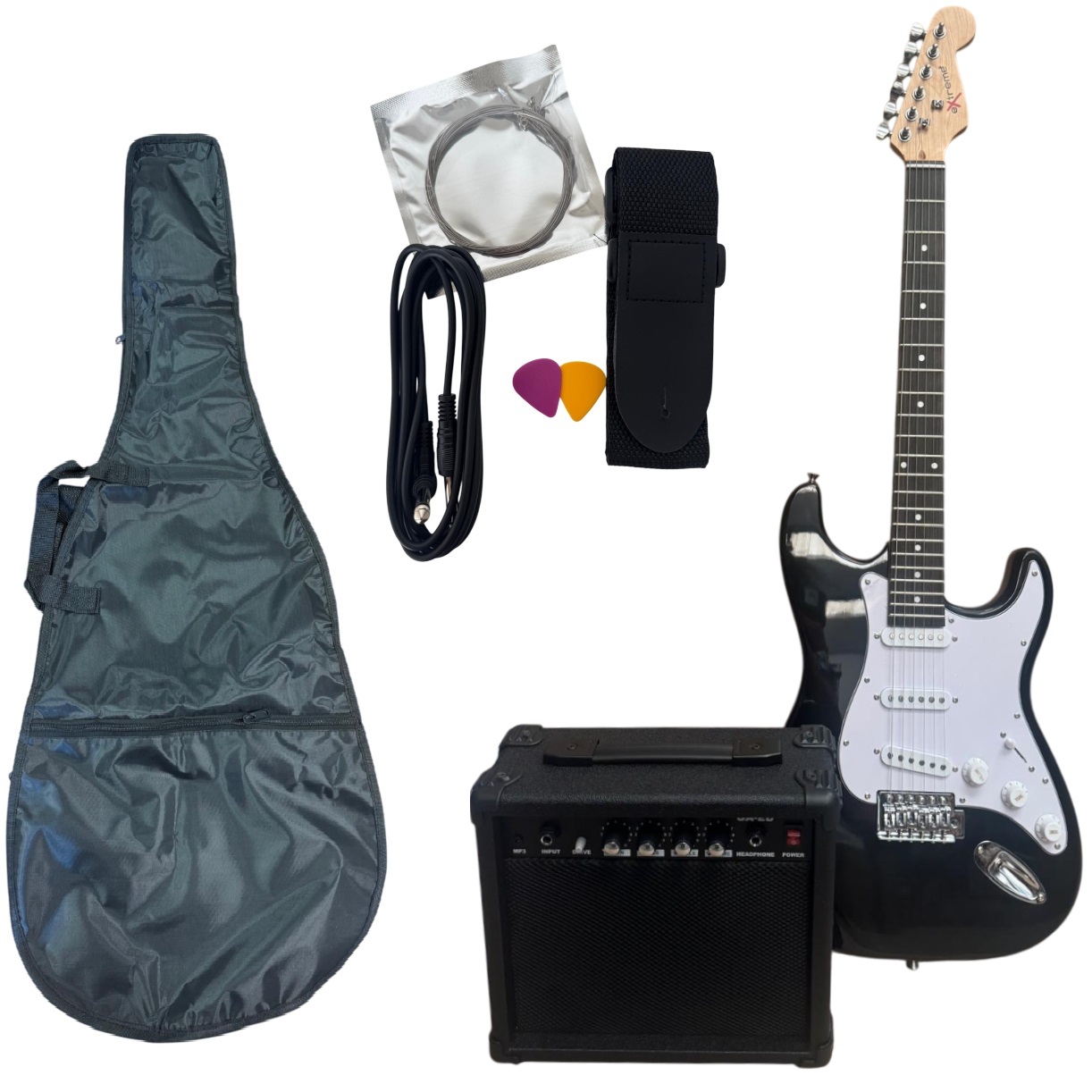 EXTREME EG-ST1 BLACK GUITAR PACK CHITARRA + AMPLIFICATORE + CAVO + CUSTODIA + CINTA + PLETTRI + CORDE